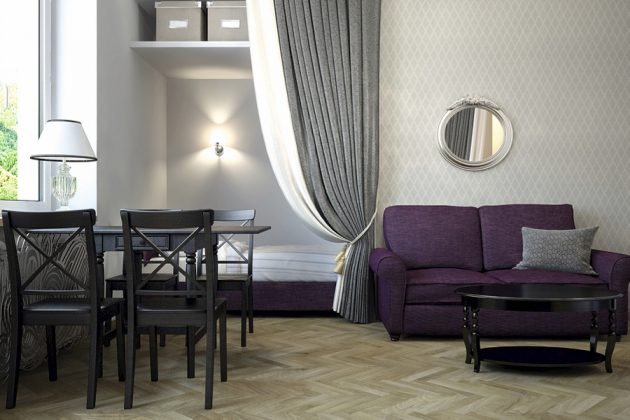 Didelė niša panaudota kaip miegoti ar ilsėtis skirtas kampelis. Patraukus stalą, lova pailgėja iki dviem žmonėms tinkamo miegoti ploto.