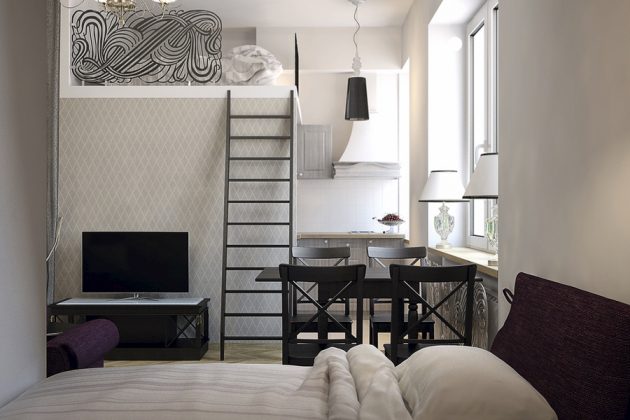 Didelis mažų erdvių privalumas – aukštos lubos. Bute suformuotos antresolės viršuje – vaikų miegamojo erdvė, o po ja – kompaktiškas vonios kambarys.