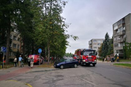 Nemenkos specialiųjų tarnybų pajėgos sulėkusios į Parko gatvę Panevėžyje gesinti dūmuose skęstančio buto.