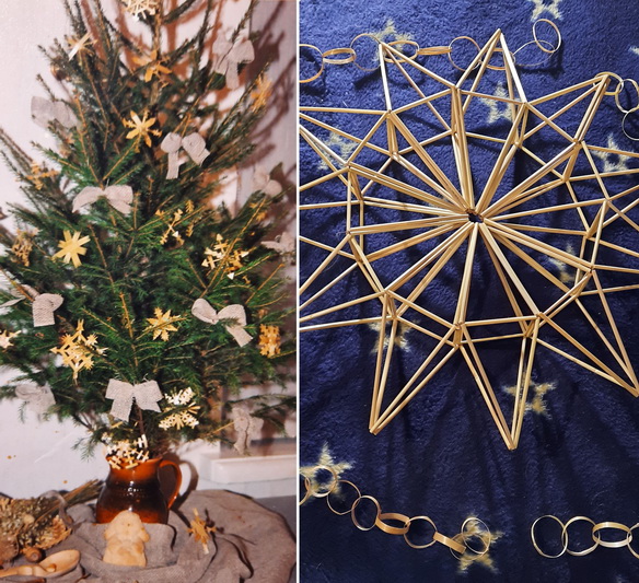 Danutės Palaimienės Kalėdų eglutė puošiama jos rankomis sukurtais šiaudiniais papuošalais. ASMENINIO ARCHYVO nuotr.