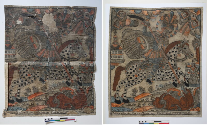 Ypač sudėtingo, ilgo ir labai kruopštaus restauratorių darbo reikalavo spalvotas medžio raižinys Šv. Jurgis. V. ŠILEIKIENĖS nuotr. 