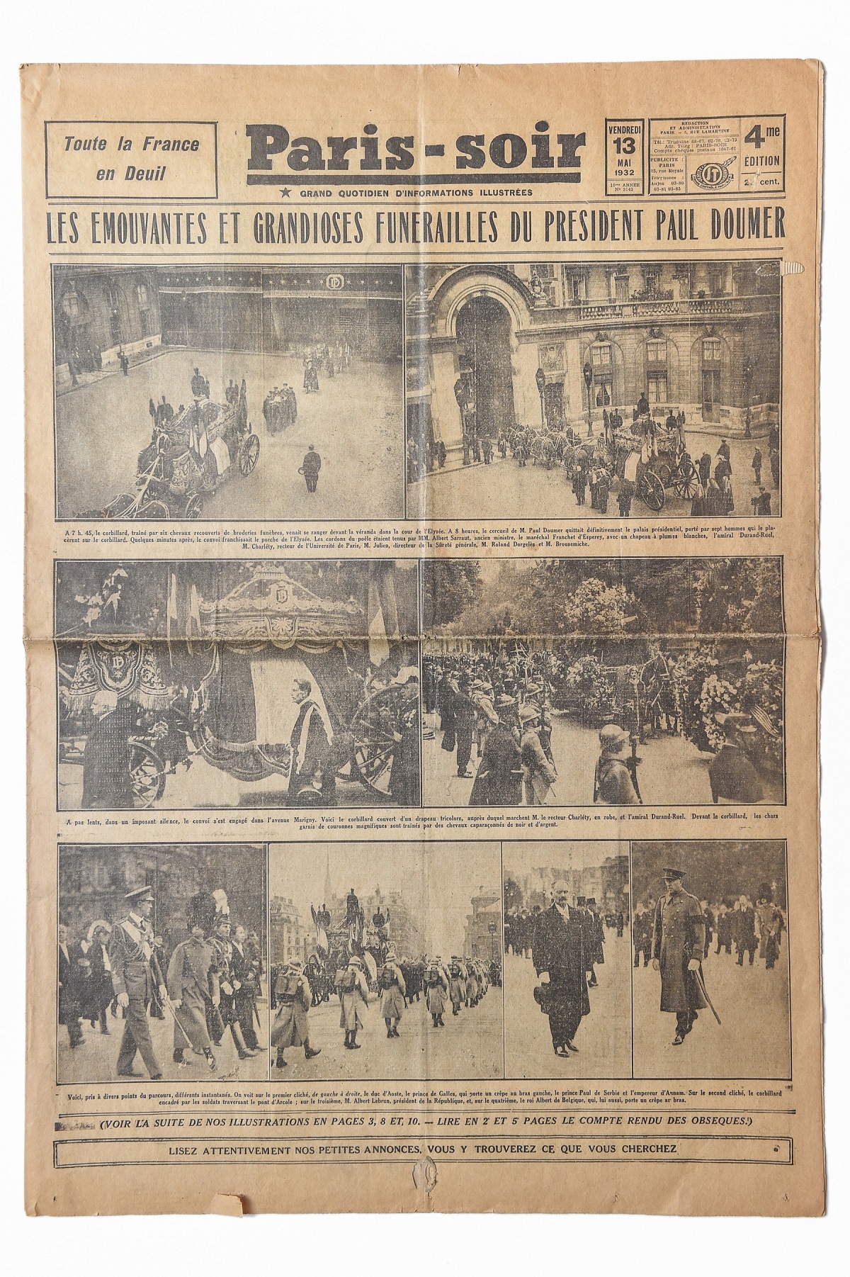 Reportažas apie 1932 m. gegužės 7 d. tragiškai žuvusio 1931–1932 m. Prancūzijos prezidento Polio Dumero (Paul Doumer) laidotuves. Dienraštis „Paris-soir“, 1932 m. gegužės 13 d. G. Kartano nuotr.