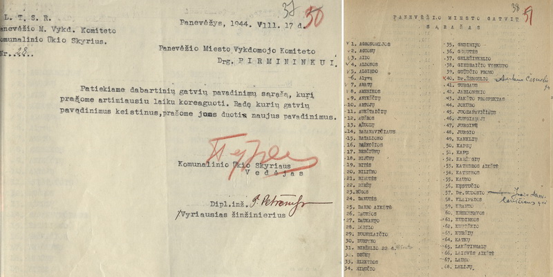 Panevėžio miesto vykdomojo komiteto Komunalinio ūkio skyriaus miesto vykdomojo komiteto pirmininkui 1944-aisiais pateiktas gatvių pavadinimų sąrašas su okupacinei valdžiai parankiomis korekcijomis. ŠIAULIŲ REGIONINIO VALSTYBĖS ARCHYVO PANEVĖŽIO FILIALO nuotr.