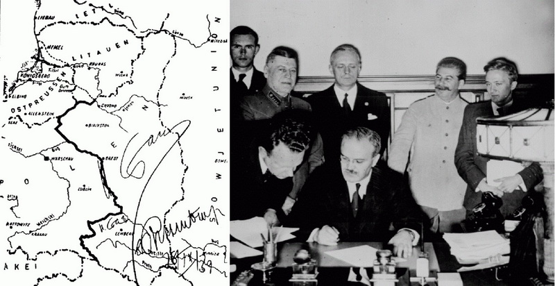 1939 metų rugpjūčio 23 diena, Maskva. Nacistinės Vokietijos ir SSRS užsienio reikalų ministrai Joachimas fon Ribentropas ir Viačeslavas Molotovas pasirašo ne tik paktą – nepuolimo sutartį, bet ir slaptus protokolus, kuriais abi šalys pasidalijo Vidurio ir Rytų Europą. LCVA nuotr.