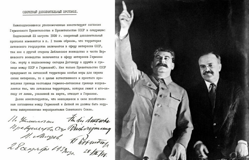 Molotovo ir Ribentropo paktas, sudarytas Stalino ir Hitlerio iniciatyva, buvo vienas ciniškiausių XX amžiaus politinių suokalbių. Nuotraukoje dešinėje – Josifas Stalinas su Viačeslavu Molotovu. Kairėje – slaptas papildomas protokolas prie Vokietijos ir TSRS 1939 metų rugsėjo 28 dienos draugystės ir sienos sutarties, kuriuo pakeistas rugpjūčio 23-iąją pasirašytas toks pat slaptas protokolas ir nulemta Lietuvos ateitis: dokumente nurodoma, kad Lietuvos valstybės teritorija vis dėlto patenka į Sovietų Sąjungos įtakos sferą. LCVA nuotr.
