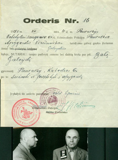 Nuo birželio 13-osios visiškai Lietuvai užimti prireikė trijų dienų. Po prasidėjo areštai ir kitos represijos. Nuotraukoje – Vidaus reikalų ministerijos Valstybės saugumo ir kriminalinės policijos Panevėžio apygardos viršininko liepos 11 dieną pasirašytas orderis dėl buvusio Lietuvių tautininkų sąjungos Panevėžio apylinkės pirmininko Balio Galvydžio suėmimo ir suimtojo nuotrauka. LYA nuotr.