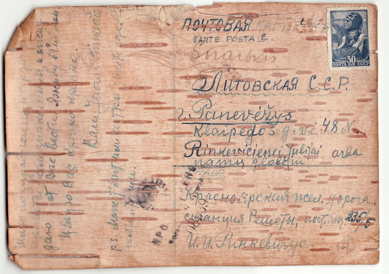 Kraštotyros muziejuje saugomas Lietuvos kariuomenės karininko, majoro Juozo Rinkevičiaus 1944 metais Rešiotų lageryje ant beržo tošies parašytas atvirlaiškis Panevėžyje gyvenusiai motinai Julijai Rinkevičienei vis dar gali patekti į „Pasaulio atminties“ registrą. PANEVĖŽIO KRAŠTOTYROS MUZIEJAUS RINKINIŲ nuotr.