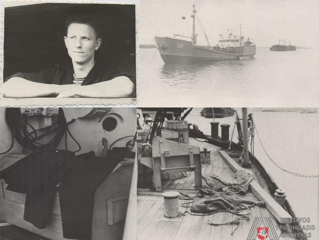 Pranciškus Adomavičius ir treileris, iš kurio iššokęs žvejys (denyje matyti jo palikti drabužiai) lediniais Baltijos jūros vandenimis pasiekė Daniją. Lietuvos SSR Aukščiausiojo Teismo 1956-ųjų metų nuosprendžiu už pabėgimą 25-erių lietuvis buvo nuteistas už akių sušaudyti. LYA nuotr.