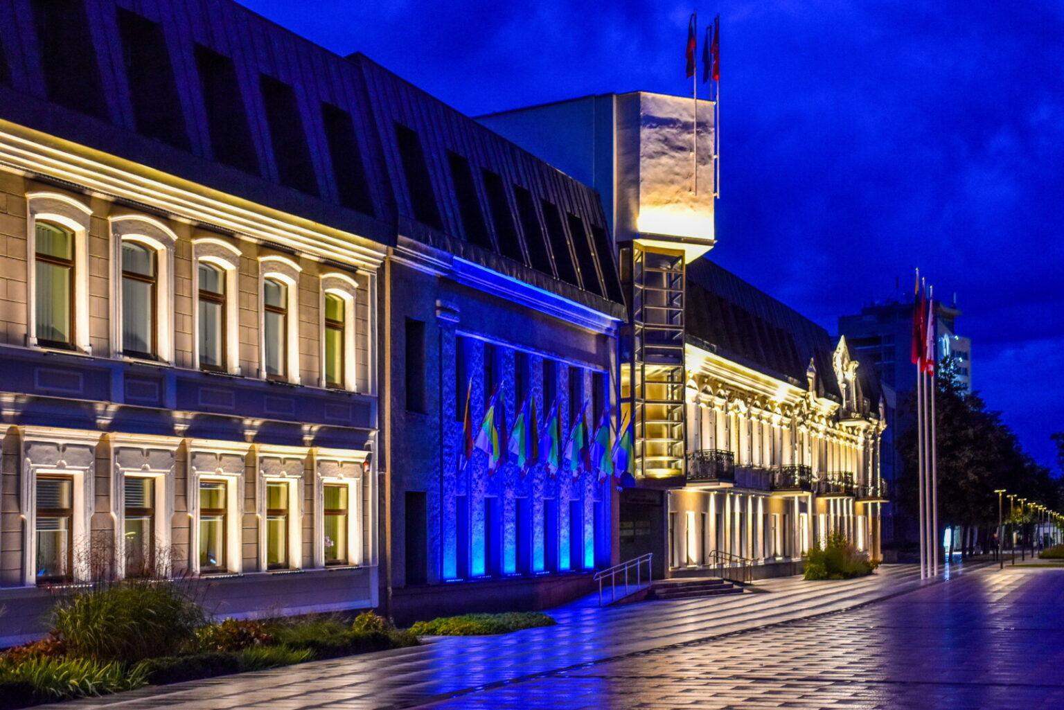 Visame pasaulyje penktadienį minint Tarptautinę gestų kalbų dieną, miesto savivaldybės pastatas nušvito mėlyna spalva.