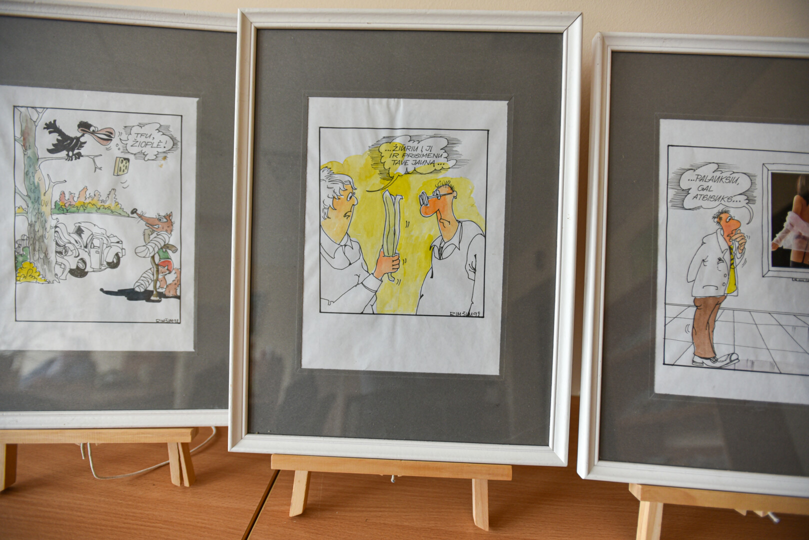 Praktiškai visos karikatūros, šiuo metu eksponuojamos menininko jubiliejinėje parodoje Velžio bibliotekoje, Nepriklausomybės pradžioje buvo išspausdintos dienraštyje „Sekundė“. P. ŽIDONIO nuotr.