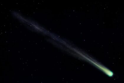 Jau netrukus vos tik saulei nusileidus, žemai horizonte net plika akimi turėtų būti matoma kometa.