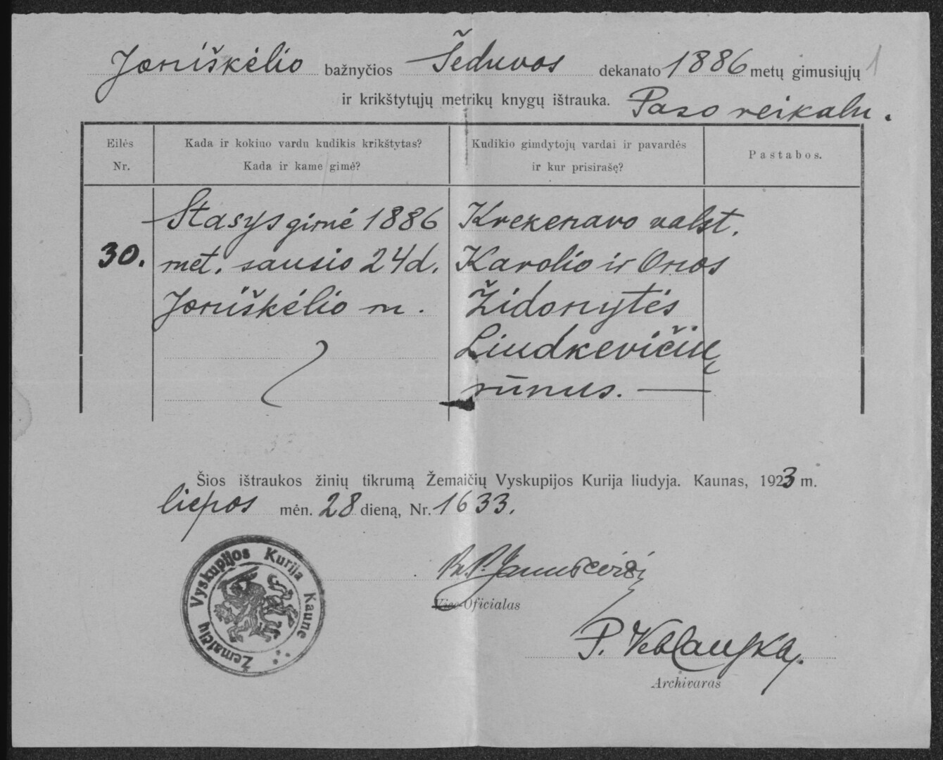 Išrašas iš bažnytinių metrikų knygų. Kauno regioninis valstybės archyvas. F. 66, ap. 1, b. 37275, l. 1.