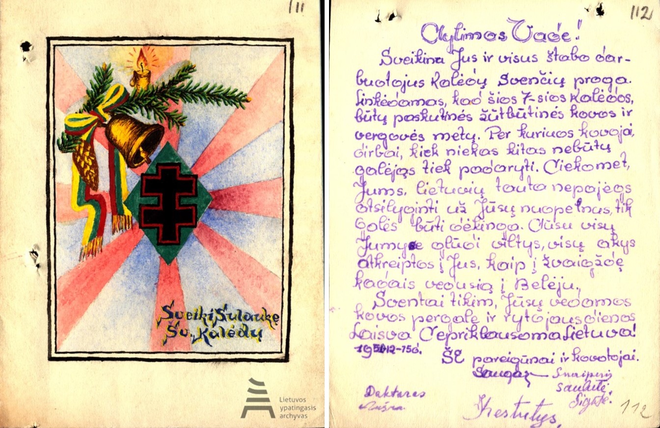 Žemaičių apygardos Šatrijos rinktinės Šerno tėvūnijos partizanų sveikinimas vadui ir štabo darbuotojams Kalėdų proga. 1950 metų gruodžio 15-oji. LIETUVOS YPATINGASIS ARCHYVAS