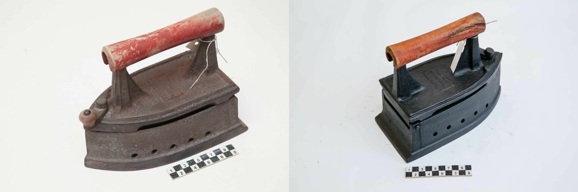 Panevėžio kraštotyros muziejuje restauruotas XIX a. II p.–XX a. I p. lygintuvas prieš ir po restauravimo. 2016 m. T. Stasevičiaus nuotr. PK muziejaus Skaitmeninis archyvas