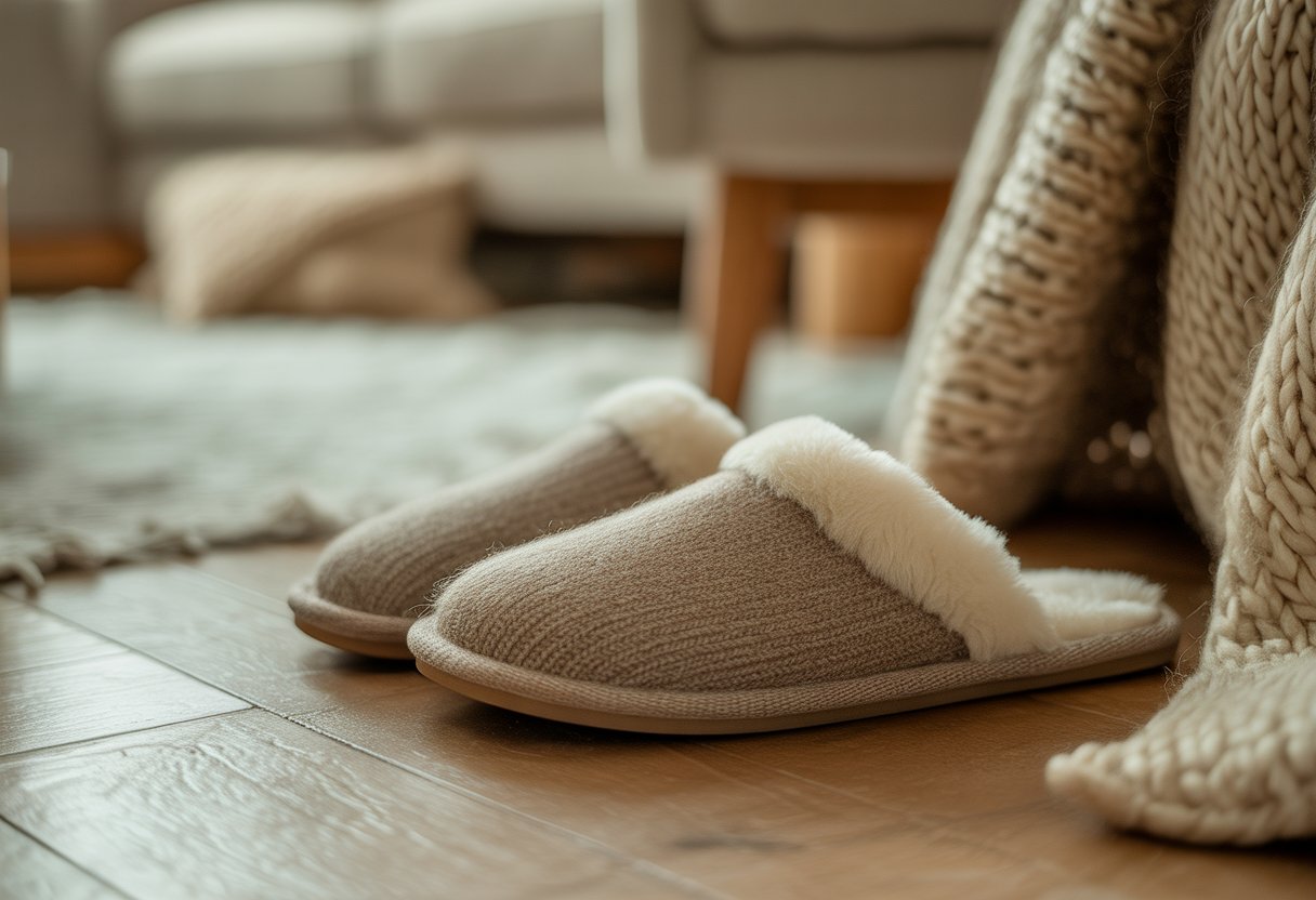 Pora vilnonių šlepečių ant medinių grindų šalia šilto megzto pledo namų interjere.